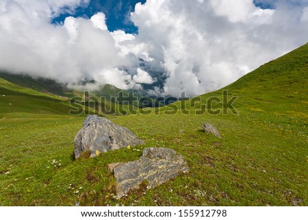 Magic mountain landscape with sky and clouds, Georgia.