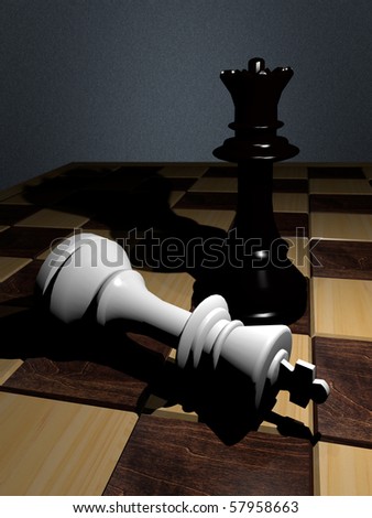 A white chess king is attack by a black chess queen