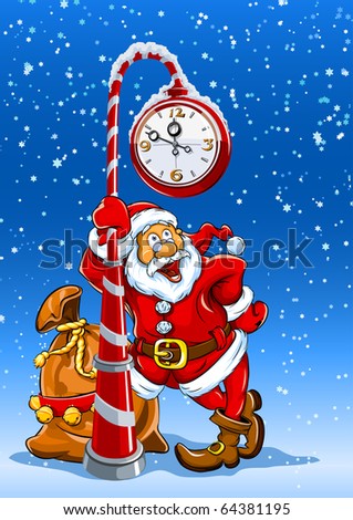 santa claus with sack of gifts stands under the clock vector illustration