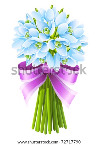 spring snowdrop flowers bouquet with pink ribbon isolated on white background. vector illustration