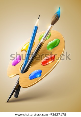 Art palette with paint brush and pencil tools for drawing vector illustration EPS10. Transparent objects