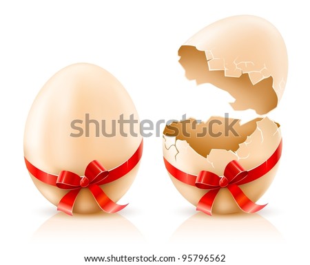 whole and broken shells of easter eggs with red bow vector illustration isolated on white background gradient mesh used whole and broken shells of easter eggs with red bow vector illustration isolated on white background gradient mesh used