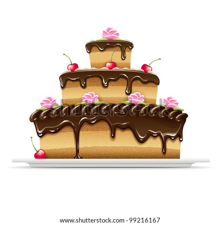 Sweet chocolate cake for birthday holiday. Vector illustration. Isolated on white background. EPS10