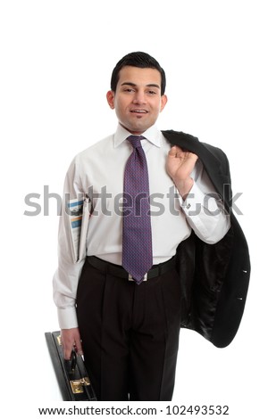 Confident businessman holding a briefcase in one hand, newspaper underarm and suit jacket slung over other  shoulder