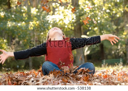 Autumn Fun:  A boy throws fallen leaves up into the air. There is some motion in the hands and falling leaves