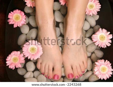 Female feet in a relaxing aromatic foot bath with massaging white stone pebble bed and floating pink flowerheads.  Feet are invigorated, skin is supple and refreshed. Pure indulgence for your feet.