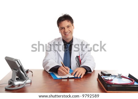 Friendly smiling  medical practitioner in consultation room or office.