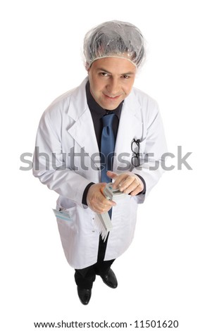 Male Scientist, medical researcher or laboratory worker holding  a multi channel pipettor