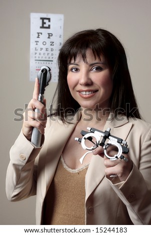 Eye doctor with instruments for checking eyesight.