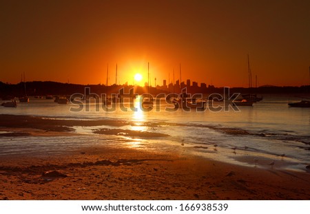 The summer sun setting over Watsons Bay, near Vaucluse, Sydney, Australia. Silhouette of moored yachts and Sydney city in distance