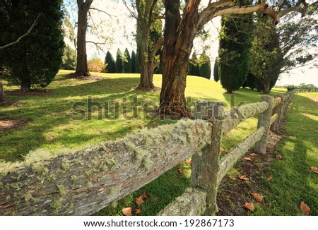A timber fence is covered in lichens in the Southern Highlands, Australia