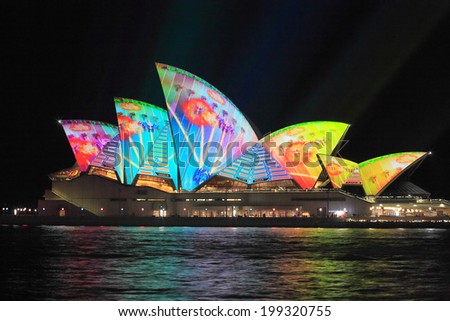 SYDNEY, AUSTRALIA - JUNE 2, 2014;  Video computer game being played on the magnificent Sydney Opera House i during Vivid Sydney annual festival of light, music and ideas