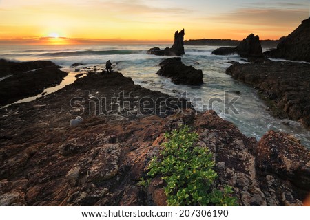 Beautiful golden orange sunrise colours cast over the landscape at Cathedral Rock, Kiama Australia.   These volcanic rocks have lured many tourists and photographers due to their distinctive shapes.