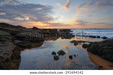 Early morning skies, ocean waves and incoming tidal flows over sea squirts.  Bungan Beach, Australia