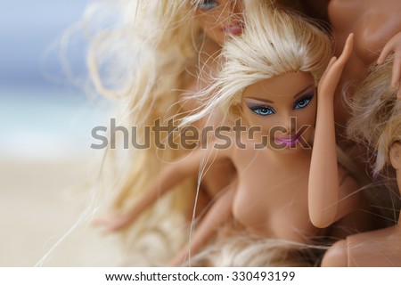 BONDI, AUSTRALIA - OCTOBER 22, 2015;  Annual Sculpture by the Sea free public event.  Exhibit titled  Wave 2 by Annette Thias.  An ocean wave created from 1000\'s of Barbie dolls.  Close up   abstract