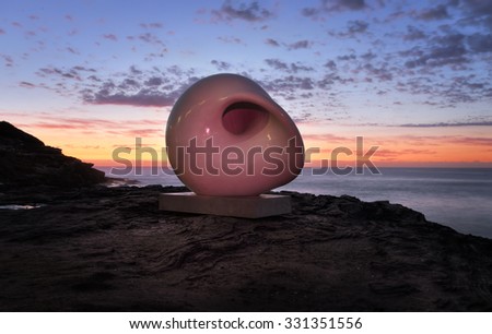 BONDI, AUSTRALIA - OCTOBER 25, 2015;  Annual Sculpture by the Sea free public event.  Exhibit titled Acoustic Chamber by Arissara  Reed and Davin Nurimba