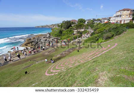 BONDI, AUSTRALIA - OCTOBER 25, 2015;  Annual Sculpture by the Sea free public event.  Exhibit titled Fabrication by Veronica Herber - using minamalist lines to allow the landscape to inform the work.