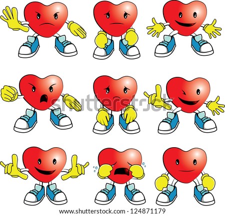 heart man cartoon in many emotions; happy, smile, cry, sad, angry
