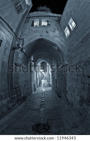 The narrow street in the Arab quarter of the Old City of Jerusalem.