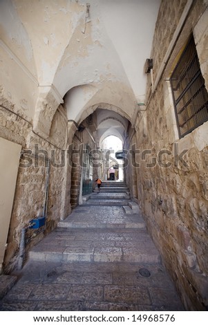 The narrow street in the Arab quarter of the Old City of Jerusalem.