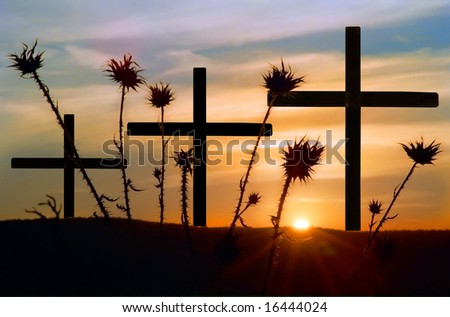 Three crosses, thistle and beautiful sunset.