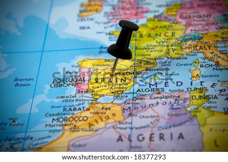 Small pin pointing on Madrid (Spain) in a map of Europe