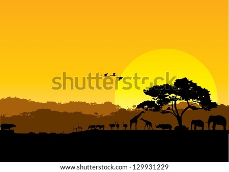 Safari Animals Silhouette At Sunset, Vector