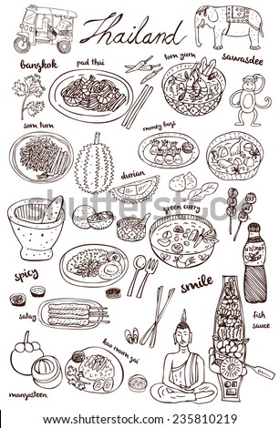 Set of Thai food and icons doodles, vector