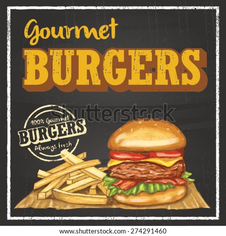 Hand drawn burger and chips on chalkboard with text gourmet burger EPS 8 Hand drawn burger and chips on chalkboard with text gourmet burger EPS 8