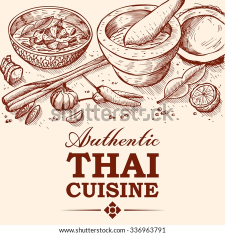 Hand drawn of Thai food tom yum soup and ingredients