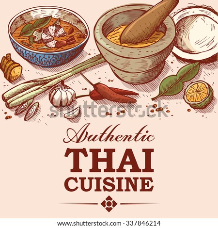 Hand drawn illustration of Thai food and ingredients
