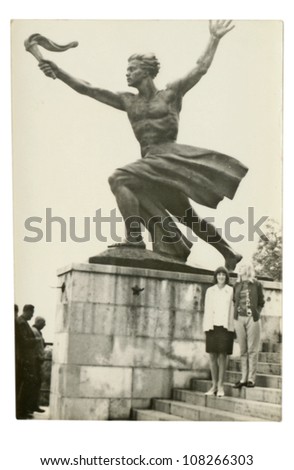 ZVOLEN, CZECHOSLOVAK REPUBLIC, CIRCA 1970 - Two young women from the statue of liberty - circa 1970