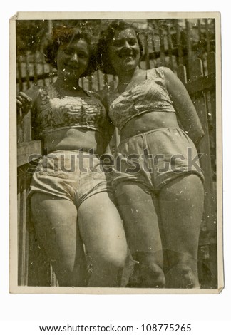 PRAGUE, CZECHOSLOVAK REPUBLIC, CIRCA 1955 - Two modern girls in bikini swimsuit - circa 1955