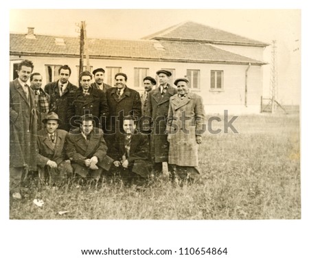 Central Bulgaria, BULGARIA, CIRCA 1958 - group of workers (the men) - circa 1958