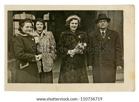 PRAGUE, CZECHOSLOVAKIA, CIRCA 1949 - just before the wedding ceremony (young bride, her father and two sisters) - circa 1949