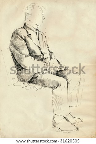Hand Drawing Picture, Pen And Ink, Unknown Sitting Man Without Face