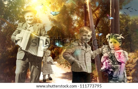 Made in Heaven - Big celebration on the dirt road - (for this photo collage are used black and white photographs of people from 1920, 1950, 1955) - mixed media, collage