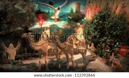 mixed media: Three Kings in a fantasy landscape (reminiscent of the way in a dream) go up to Jerusalem to visit Jesus after his birth (old photos was taken in 1950 and 1958)