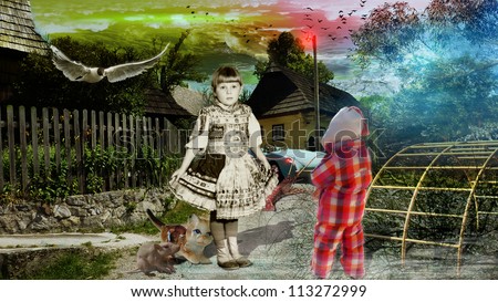 Alice\'s Adventures in Wonderland - photo manipulation and collage - photos of children was taken 1984 and 2010 - (color version with vivid color)