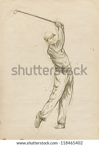 Topic: Golf (Golfers). Full-sized (original) hand drawing (useful for \