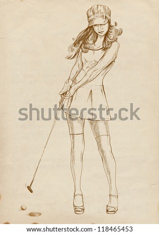 Topic: Golf (Golfers). Full-sized (original) hand drawing (useful for \