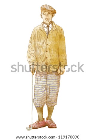 Vintage golf player. Full-sized (original) hand drawing (useful for \