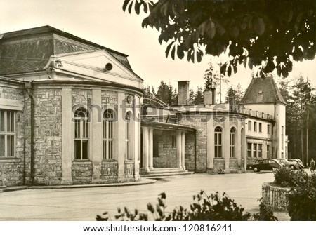 VYSNE RUZBACHY, CZECHOSLOVAKIA, CIRCA 1950 - The facade of buildings spa resort in the Tatras Mountains - Circa 1950