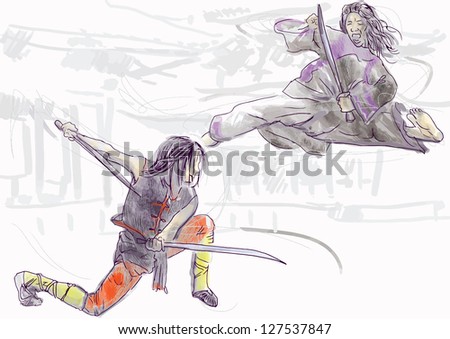 Kung Fu, Chinese martial art. /// A hand drawn illustration converted into vector of Chinese martial arts, popularly referred to as kung fu. /// Vector is editable in 9 layers.