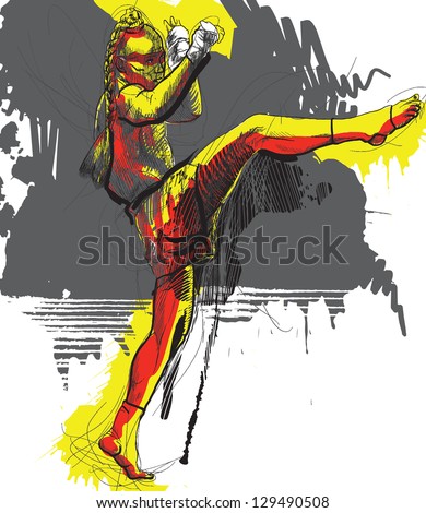 Muay Thai (combat martial art from Thailand) - Kickboxing (group of martial arts from Japan). /// A hand drawn illustration converted into vector. Vector is editable in 9 layers.