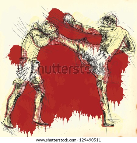 Muay Thai (combat martial art from Thailand) - Kickboxing (group of martial arts from Japan). /// A hand drawn illustration converted into vector. Vector is editable in 6 layers.