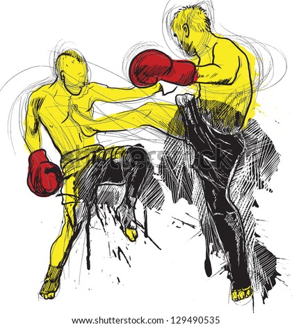 Muay Thai (combat martial art from Thailand) - Kickboxing (group of martial arts from Japan). /// A hand drawn illustration converted into vector. Vector is editable in 7 layers.