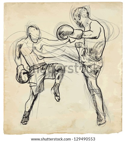 Muay Thai (Combat Martial Art From Thailand) - Kickboxing (Group Of Martial Arts From Japan). /// A Hand Drawn Illustration Converted Into Vector. Vector Is Editable In 5 Layers.