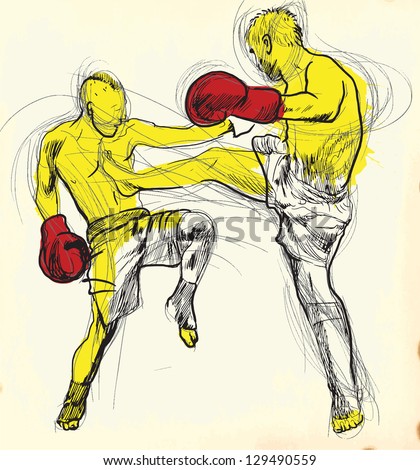 Muay Thai (combat martial art from Thailand) - Kickboxing (group of martial arts from Japan). /// A hand drawn illustration converted into vector. Vector is editable in 7 layers.