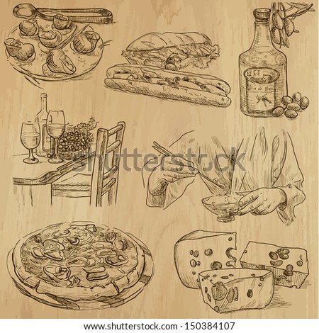 Food And Drink Around The World (Part 2). Collection Of Hand Drawn Illustrations (Originals, No Tracing). Description: Each Drawing Comprise Of Two Layers Of Outlines, Colored Background Is Isolated.